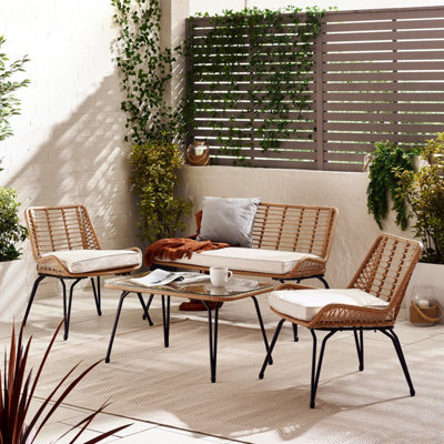 Furniturebox Lisbon Rattan Garden Sofa Set, 4 Seat Outdoor Sofa Set, Beige Rattan Garden Furniture Set, 2 Chairs Coffee Set +Cover - image 1