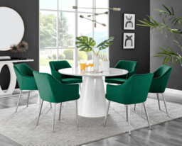 Furniturebox Uk Palma White High Gloss Round Dining Table & 6 Green Calla Silver Leg Chairs - thumbnail 1