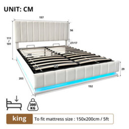 Matteo King Size Ottoman Bed Frame With Rgb Led Lights, Pu Leather, Hydraulic Storage & Adjustable Headboard - Cream White - thumbnail 8