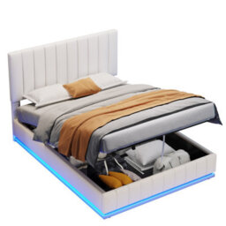Matteo King Size Ottoman Bed Frame With Rgb Led Lights, Pu Leather, Hydraulic Storage & Adjustable Headboard - Cream White - thumbnail 9
