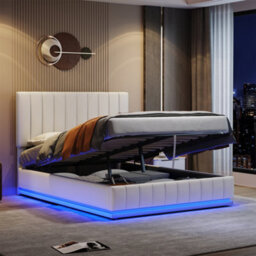 Matteo King Size Ottoman Bed Frame With Rgb Led Lights, Pu Leather, Hydraulic Storage & Adjustable Headboard - Cream White - thumbnail 2