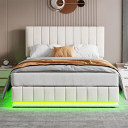 Matteo King Size Ottoman Bed Frame With Rgb Led Lights, Pu Leather, Hydraulic Storage & Adjustable Headboard - Cream White - thumbnail 3