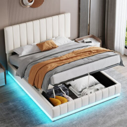 Matteo King Size Ottoman Bed Frame With Rgb Led Lights, Pu Leather, Hydraulic Storage & Adjustable Headboard - Cream White - thumbnail 4