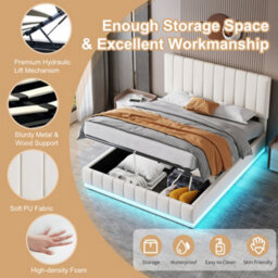 Matteo King Size Ottoman Bed Frame With Rgb Led Lights, Pu Leather, Hydraulic Storage & Adjustable Headboard - Cream White - thumbnail 5
