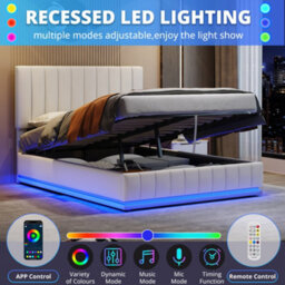 Matteo King Size Ottoman Bed Frame With Rgb Led Lights, Pu Leather, Hydraulic Storage & Adjustable Headboard - Cream White - thumbnail 6