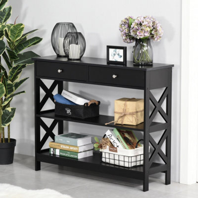 Homcom Console Table Side Desk Shelves Drawers Open Top X Support Hallway Black - image 1