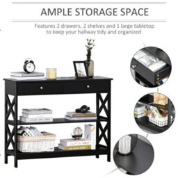 Homcom Console Table Side Desk Shelves Drawers Open Top X Support Hallway Black - thumbnail 4