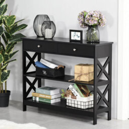 Homcom Console Table Side Desk Shelves Drawers Open Top X Support Hallway Black - thumbnail 1