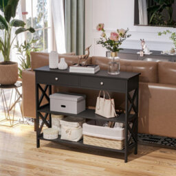 Homcom Console Table Side Desk Shelves Drawers Open Top X Support Hallway Black - thumbnail 7