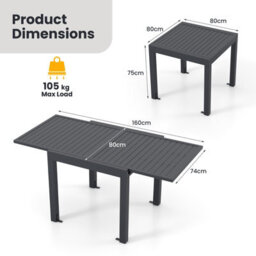 Costway 80-160Cm Expandable Patio Dining Table Outdoor Rectangular Aluminum Table For 4-6 Person - thumbnail 3