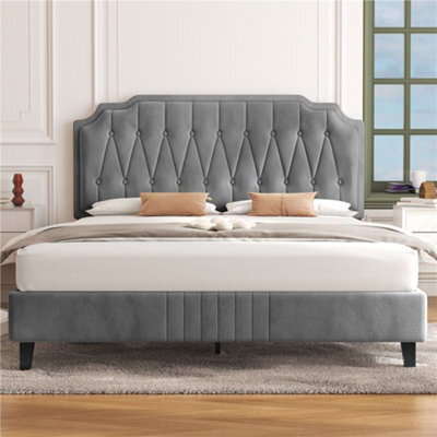 Yaheetech Upholstered Bed Frame With Button-Tufted Adjustable Headboard - Light Grey / Double - image 1