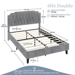 Yaheetech Upholstered Bed Frame With Button-Tufted Adjustable Headboard - Light Grey / Double - thumbnail 4
