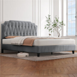 Yaheetech Upholstered Bed Frame With Button-Tufted Adjustable Headboard - Light Grey / Double - thumbnail 3