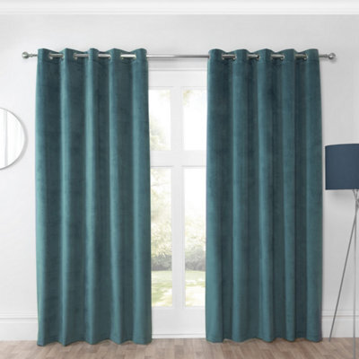 "Sundour Casa Blackout Ready Made Solid Colour Eyelet Velvet Curtains Blue 90X90""" - image 1
