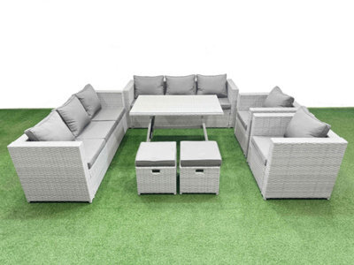 Fimous 10 Seater Garden Furniture Set Pe Ratten Garden Sofa Set With Rectangular Dining Table 2 Small Stools Light Grey - image 1