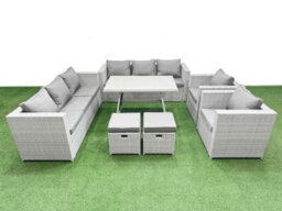 Fimous 10 Seater Garden Furniture Set Pe Ratten Garden Sofa Set With Rectangular Dining Table 2 Small Stools Light Grey - thumbnail 2