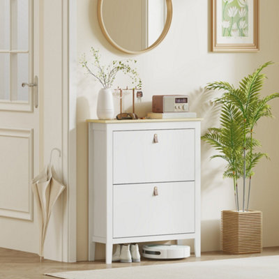 Wyld Haus Rimi 2-Drawer Slim Shoe Cabinet White And Oak-Effect With Faux Leather Handles, 24Cm Depth, Stores Up To 14 Pairs - image 1