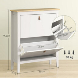 Wyld Haus Rimi 2-Drawer Slim Shoe Cabinet White And Oak-Effect With Faux Leather Handles, 24Cm Depth, Stores Up To 14 Pairs - thumbnail 3