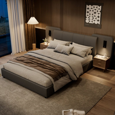 Matteo Grey Upholstered Double Bed Frame 4Ft6 With Integrated Charging Port, Led Lighting & Padded Headboard - image 1