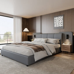 Matteo Grey Upholstered Double Bed Frame 4Ft6 With Integrated Charging Port, Led Lighting & Padded Headboard - thumbnail 6