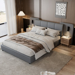 Matteo Grey Upholstered Double Bed Frame 4Ft6 With Integrated Charging Port, Led Lighting & Padded Headboard - thumbnail 4