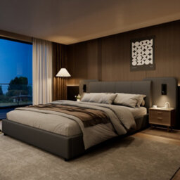 Matteo Grey Upholstered Double Bed Frame 4Ft6 With Integrated Charging Port, Led Lighting & Padded Headboard - thumbnail 3