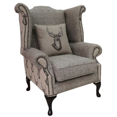 Chesterfield High Back Wing Chair Antler Stag Chocolate Brown Fabric In Queen Anne Style - image 1