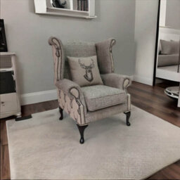 Chesterfield High Back Wing Chair Antler Stag Chocolate Brown Fabric In Queen Anne Style - thumbnail 4