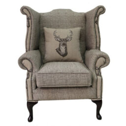 Chesterfield High Back Wing Chair Antler Stag Chocolate Brown Fabric In Queen Anne Style - thumbnail 2
