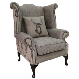 Chesterfield High Back Wing Chair Antler Stag Chocolate Brown Fabric In Queen Anne Style - thumbnail 1
