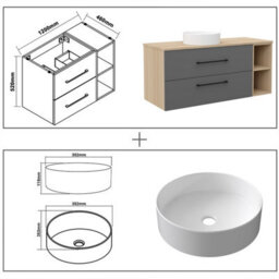 Probaty Bathrooms 1200X460mm Vanity Unit Anthracite And Wood Color Mdf,wall Mounted,2 Drawers With White Ceramic Basin - thumbnail 9