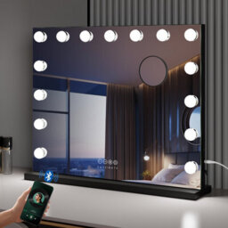 Fascinate Bluetooth Hollywood Mirror Large 58X48Cm 15 Led Black Metal Vanity Mirror Built In Wireless Speakers Usb Charging Wall
