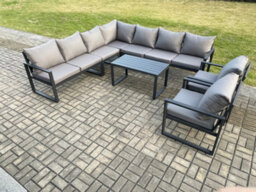 Fimous Aluminium Patio Outdoor Garden Furniture Lounge Corner Sofa Set With Oblong Coffee Table 2 Chairs Dark Grey - thumbnail 1