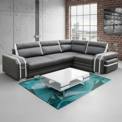 Avatar Corner Sofa Bed With Pouffe Cocktail Cabinet Foam Cushions Sinuous Springs Wood Frame 300X200Cm Grey And White Right - image 1