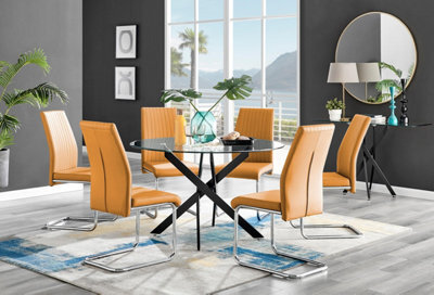 Furniturebox Uk Novara Black Leg 120Cm Round Glass Dining Table & 6 Mustard Lorenzo Chairs - image 1