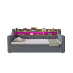 Abrihome 90X190Cm Velvet Sofa Bed With Pull-Out Bed, Storage Headboard, Led, Usb-C & Slatted Base, Dark Grey - thumbnail 8