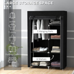 Homcom Fabric Wardrobe W/ Shelves Hanging Rail Foldable Closets Black - thumbnail 4