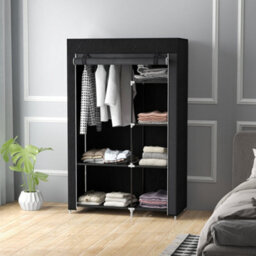 Homcom Fabric Wardrobe W/ Shelves Hanging Rail Foldable Closets Black - thumbnail 7