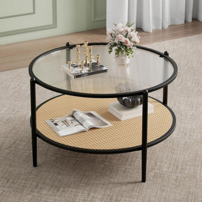 "30"" Round Rattan Coffee Table Storage,2 Tier Glass Centre Table Black" - image 1