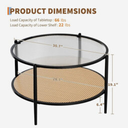 "30"" Round Rattan Coffee Table Storage,2 Tier Glass Centre Table Black" - thumbnail 2