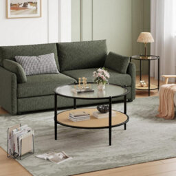 "30"" Round Rattan Coffee Table Storage,2 Tier Glass Centre Table Black" - thumbnail 3