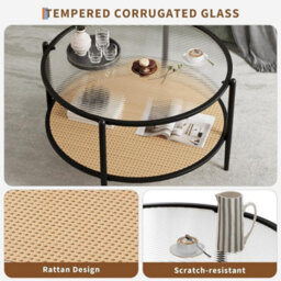 "30"" Round Rattan Coffee Table Storage,2 Tier Glass Centre Table Black" - thumbnail 5