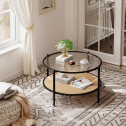 "30"" Round Rattan Coffee Table Storage,2 Tier Glass Centre Table Black" - thumbnail 4