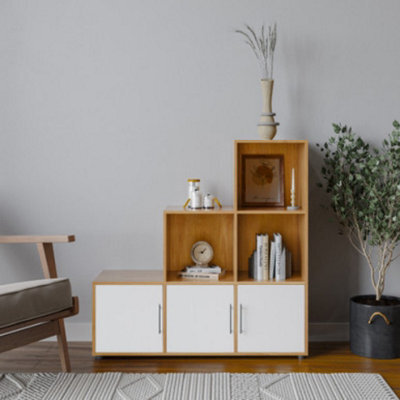 Urbn-Living Urbnliving 91Cm Height 6 Cube Step Beech Storage Bookcase Shelf Unit White Wooden Door With Metal Handle - image 1