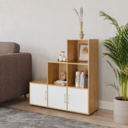 Urbn-Living Urbnliving 91Cm Height 6 Cube Step Beech Storage Bookcase Shelf Unit White Wooden Door With Metal Handle - thumbnail 2