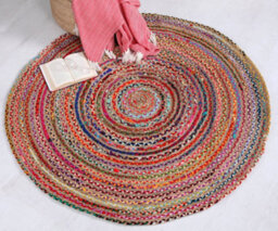 Second Nature Online Mishran Round Jute Area Rug Hand Woven With Recycled Fabric 150 Cm Diameter - thumbnail 3