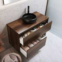 Homestylestore Dark Oak 1000mm Led Lit Wall Hung Bathroom Vanity Unit With Round Countertop Basin And Graphite Basin - thumbnail 2