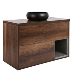 Homestylestore Dark Oak 1000mm Led Lit Wall Hung Bathroom Vanity Unit With Round Countertop Basin And Graphite Basin - thumbnail 1