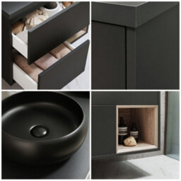 Homestylestore Black Grey 594mm Wall Hung Bathroom Vanity Unit Round Countertop Graphite Basin Open Shelf - thumbnail 2
