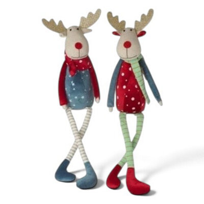 Heaven Sends Christmas - Pair Of Weighted Festive Elk Decorations, 46 X 12 Cm, Red Blue Gold - Indoor Mantel Or Doorstop